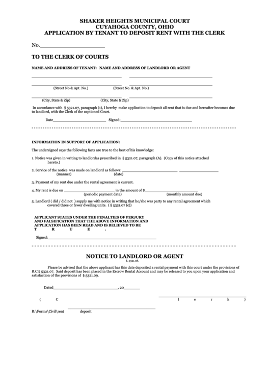 Fillable Application By Tenant To Deposit Rent With The Clerk Form Printable pdf