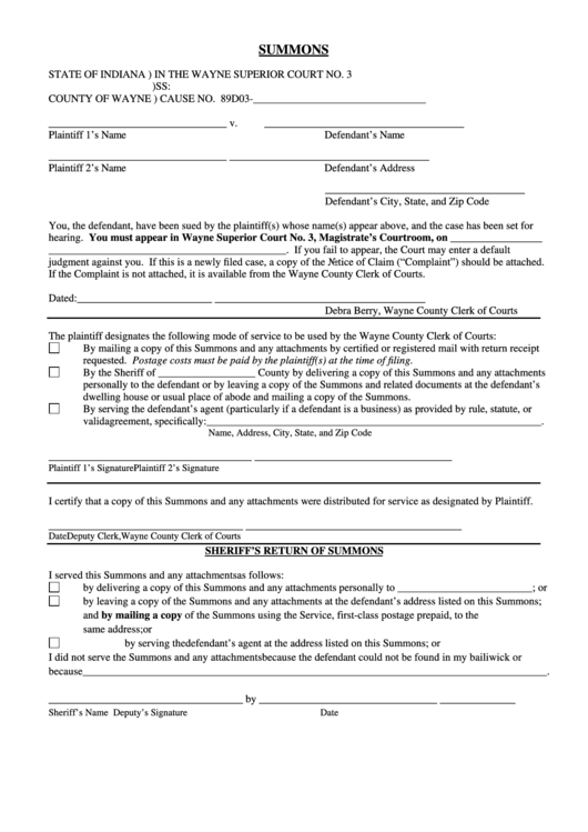 Fillable Summons Form County Of Wayne Superior Court printable pdf