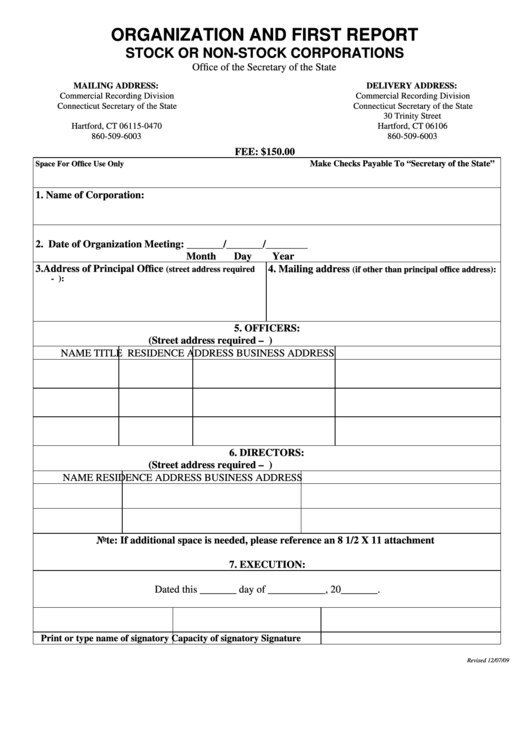 Organization And First Report Stock Or Non-Stock Corporations Form 2009 Printable pdf