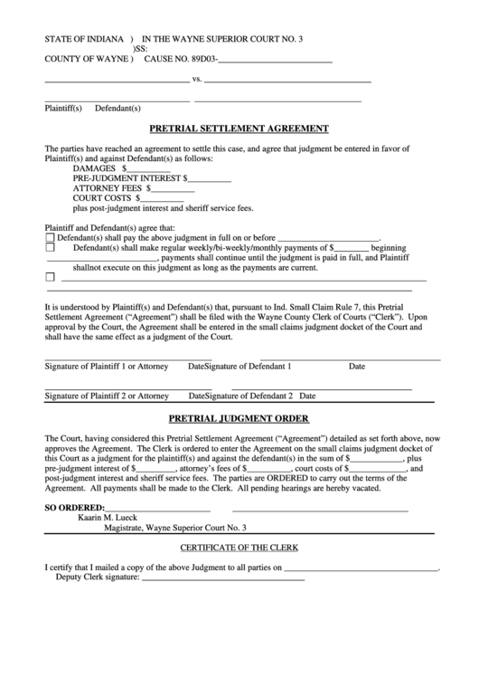 Fillable Pretrial Settlement Agreement Form Printable pdf