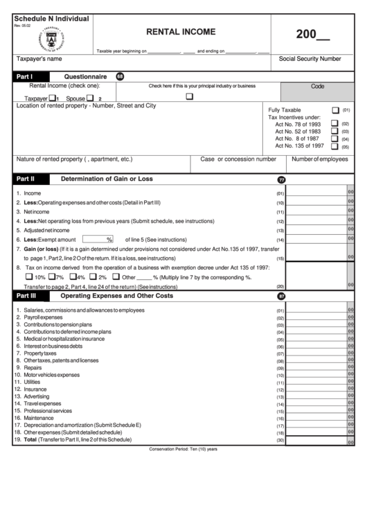 Schedule N Individual - Rental Income Form Printable pdf