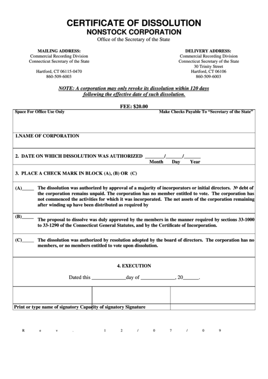 Certificate Of Dissolution Nonstock Corporation - Connecticut Secretary Of The State Printable pdf