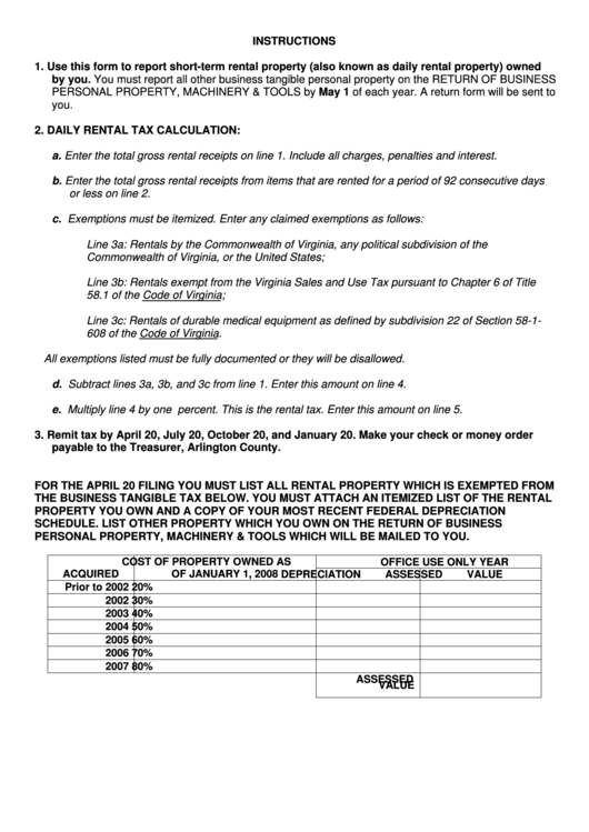 Short-Term Rental Tax Return 2008 Form Printable pdf