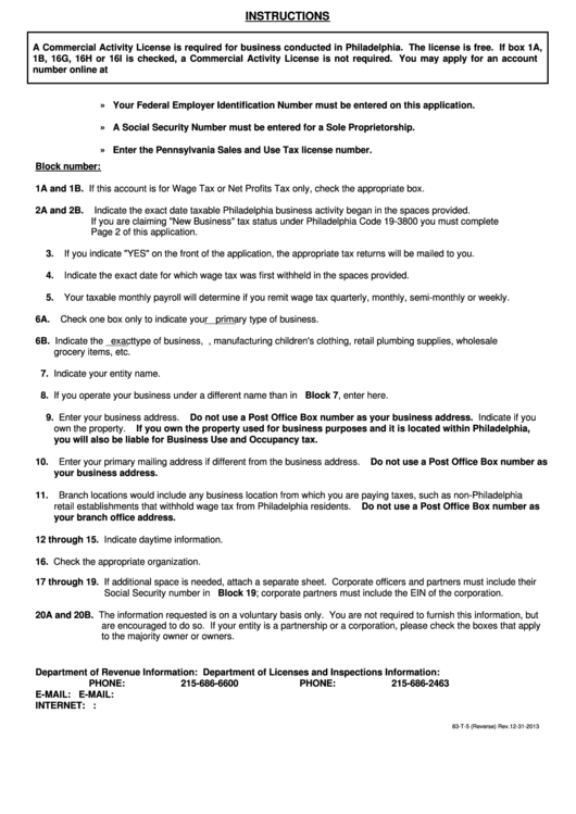 Form 83-T-5 - City Of Philadelphia New Business Tax Status Printable pdf