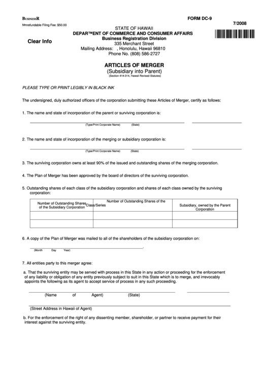 Fillable Form Dc-9 - Articles Of Merger (Subsidiary Into Parent) Printable pdf