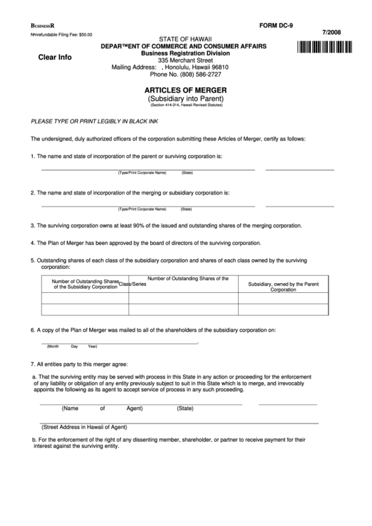 Fillable Form Dc-9 - Articles Of Merger (Subsidiary Into Parent ...