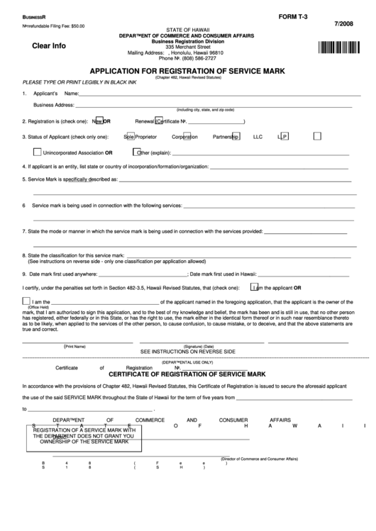 Fillable Form T-3 - Application For Registration Of Service Mark 2008 Printable pdf