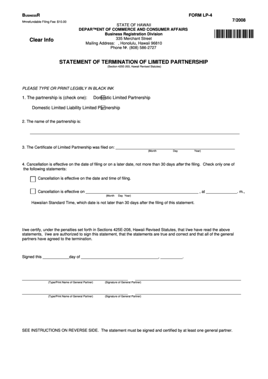 Fillable Form Lp-4 - Statement Of Termination Of Limited Partnership 2008 Printable pdf