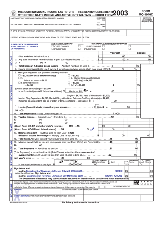 Form Mo-1040c - Residents/nonresidents With Other State Income And Active Duty Military Short Form - 2003 Printable pdf