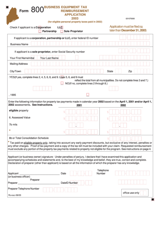 Form 800 - Business Equipment Tax Reimbursement Application - 2003 Printable pdf