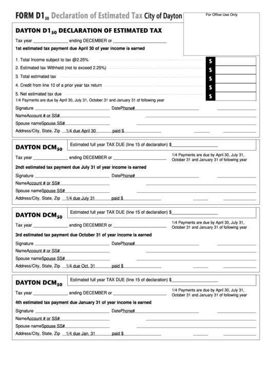 Form D1 - Dayton D1 Declaration Of Estimated Tax Printable pdf
