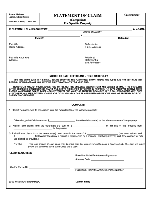 Fillable Form Sm-2 - Statement Of Claim For Specific Property Printable pdf