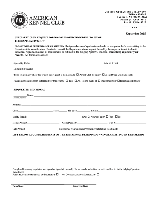 Fillable Club Request For Non-Approved Individual To Judge A Specialty Show Form Printable pdf