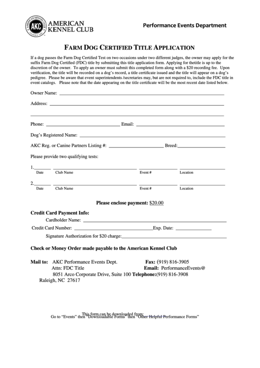 Fillable Farm Dog Certified Title Application Form Printable pdf