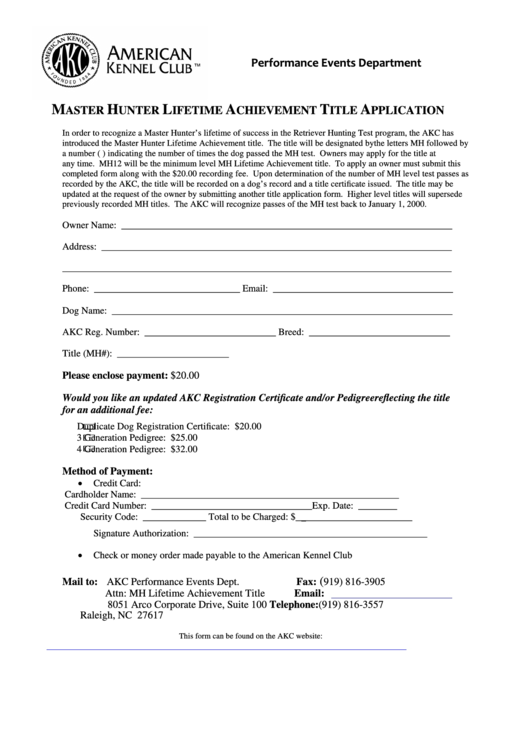 Master Hunter Lifetime Achievement Title Application Form Printable pdf