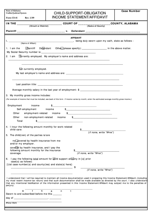 Fillable Form Cs-41 - Child Support Obligation Income Statement Affidavit Printable pdf