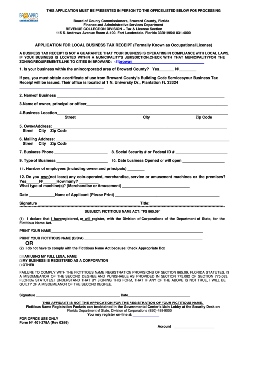 Fillable Form 401-279a - Application For Local Business Tax Receipt Printable pdf