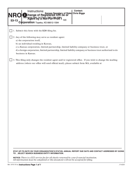 Form Nro 53-13 - Change Of Registered Office Or Agent By A Not-For-Profi T Corporation Printable pdf
