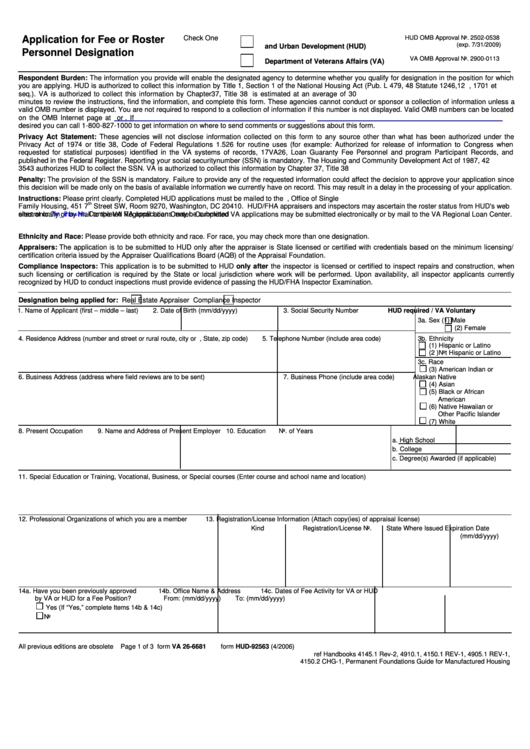 Fillable Form Va 26-6681 - Application For Fee Or Roster Personnel Designation Printable pdf