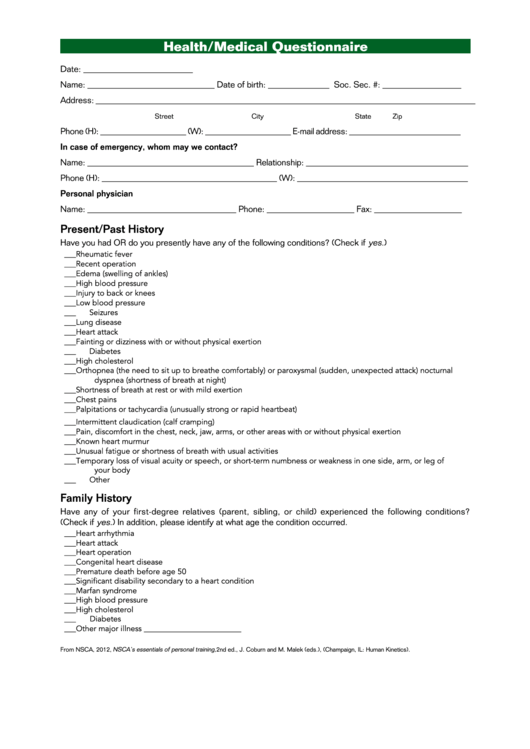 Health/medical Questionnaire Form Printable pdf