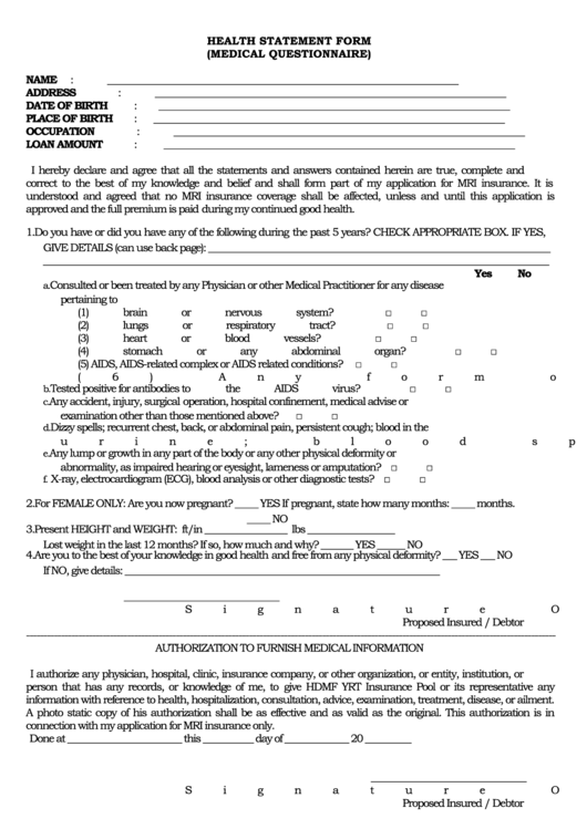 Fillable Health Statement Form Printable pdf