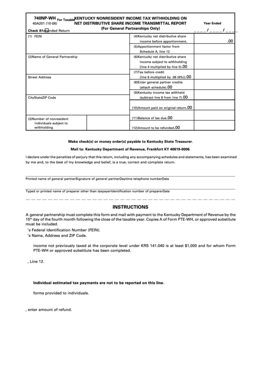 Form 740np-Wh - Kentucky Nonresident Income Tax Withholding On Net Distributive Share Income Transmittal Report Printable pdf