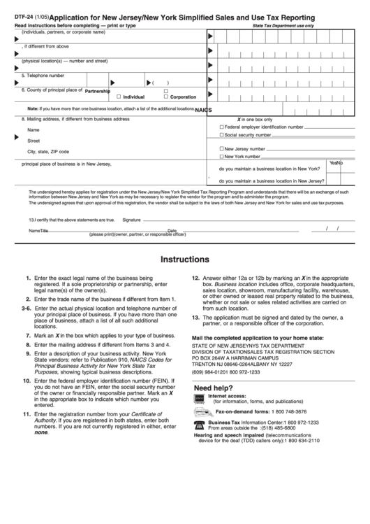 Form Dtf-24 - Application For New Jersey/new York Simplified Sales And Use Tax Reportiing Printable pdf