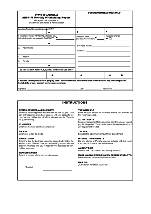 Fillable Form Ar941m - State Of Arkansas Monthly Withholding Report Printable pdf
