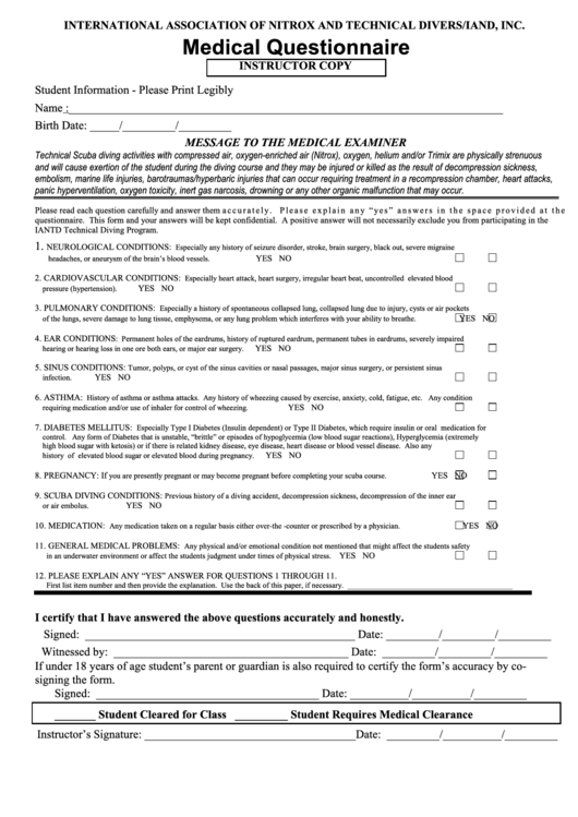 Medical Questionnaire Template Printable pdf