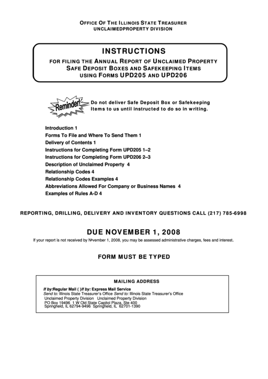 Instructions For Filing The Annual Report Of Unclaimed Property Safe Deposit Boxes And Safekeeping Items Using Form Upd205 And Upd206 - 2008 Printable pdf