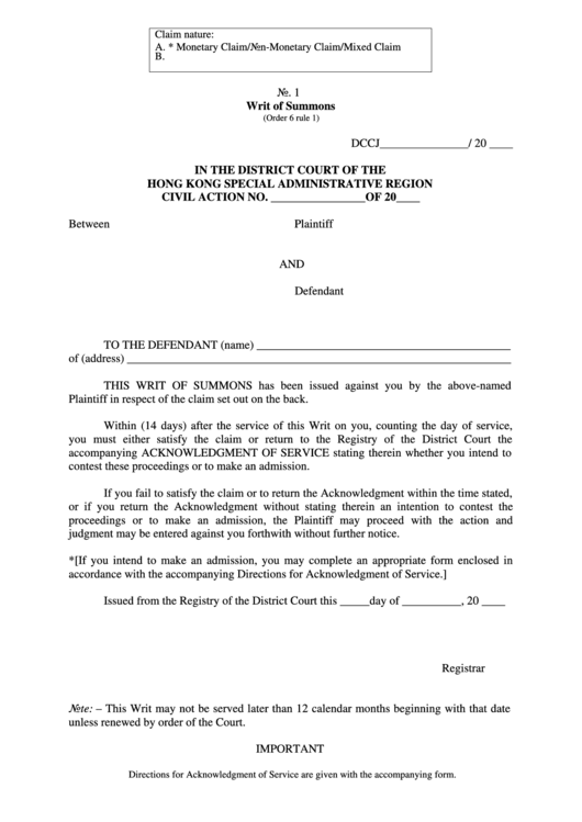 Writ Of Summons Form - District Court Of The Hong Kong Special Administrative Region Printable pdf