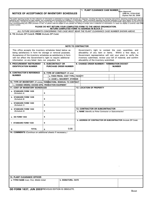 Fillable Dd Form 1637 - Notice Of Acceptance Of Inventory Schedules Printable pdf