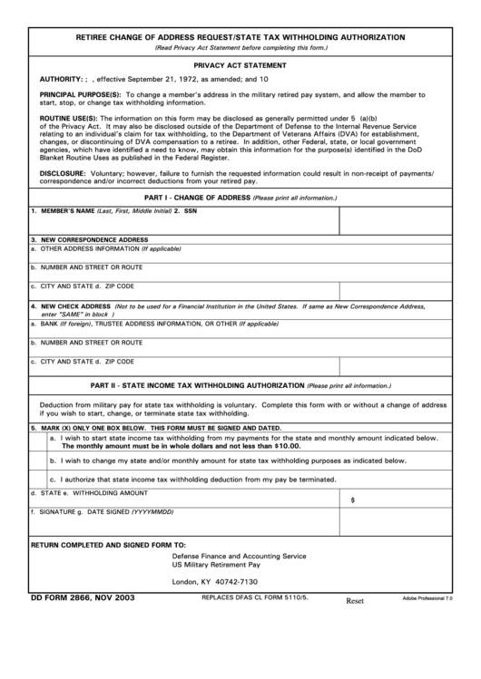 Fillable Dd Form 2866 - Retiree Change Of Address Request/state Tax Withholding Authorization Printable pdf