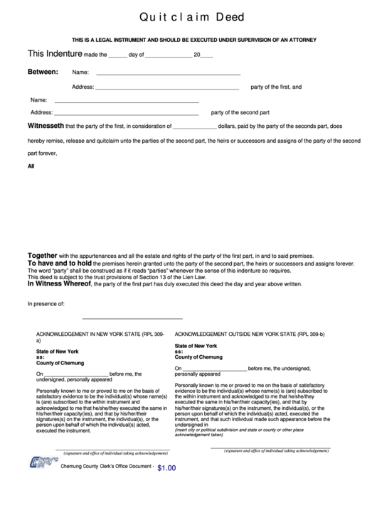 Fillable Quit Claim Deed - County Of Chemung, Ny Printable pdf