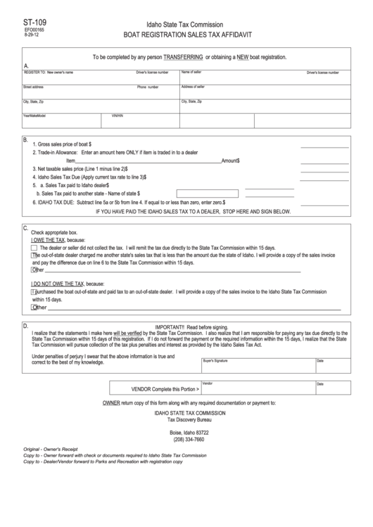 Fillable Form St-109 - Boat Registration Sales Tax Affidavit 2012 Printable pdf
