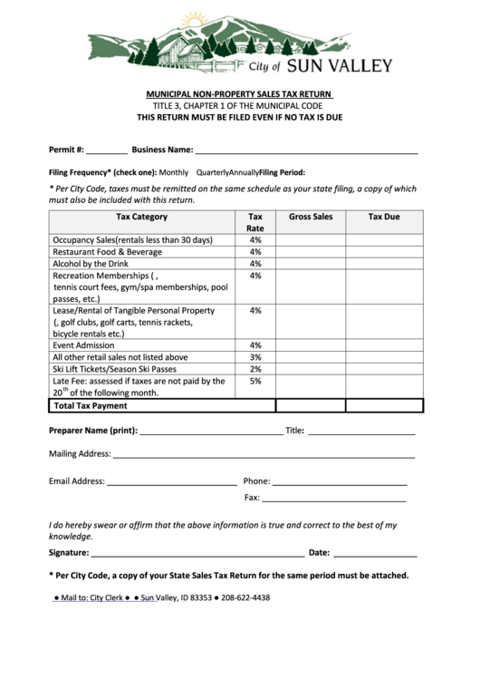 Fillable City Of Sun Valley Municipal Non-Property Sales Tax Return Form Printable pdf
