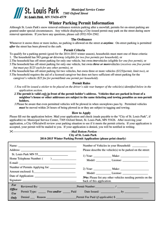 City Of St. Louis Park Winter Parking Permit Information Form - 2014-2015 Printable pdf