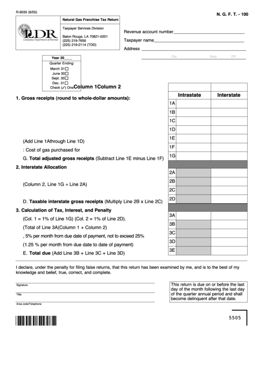 Fillable Form R-9035 - Natural Gas Franchise Tax Return 2005 Printable pdf