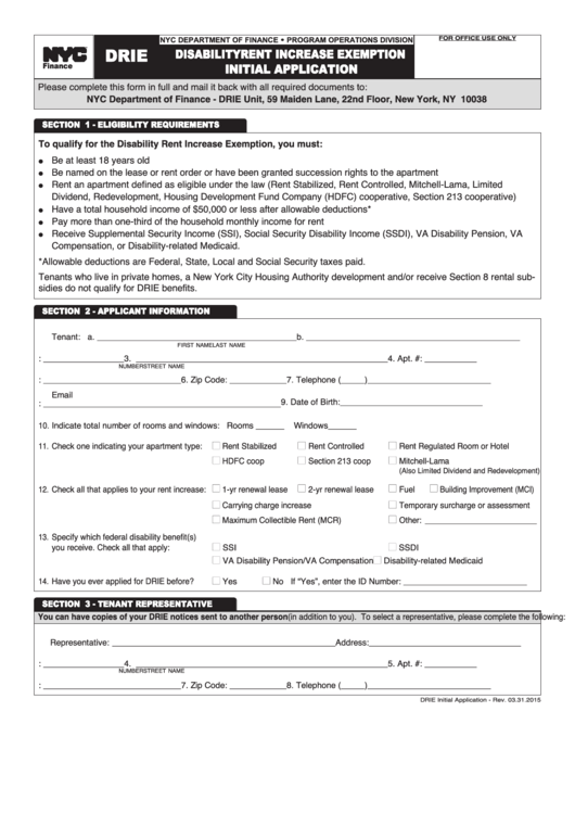 Drie - Disability Rent Increase Exemption Initial Application Form - 2015 Printable pdf