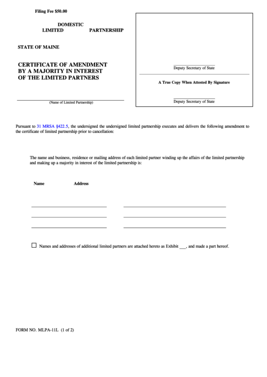 Fillable Form Mlpa-11l - Certificate Of Amendment By A Majority In Interest Of The Limited Partners 2004 Printable pdf