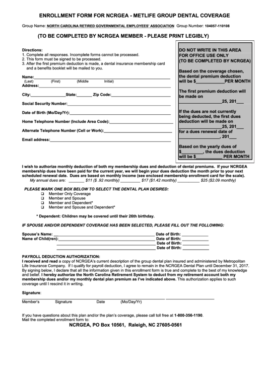 Enrollment Form For Ncrgea - Metlife Group Dental Coverage Printable pdf
