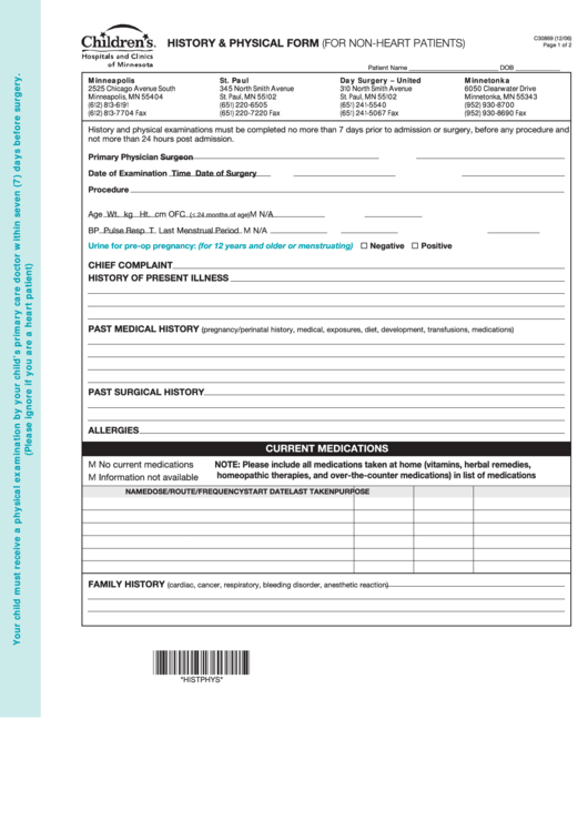Form C30869 - History & Physical Form (For Non-Heart Patients) Printable pdf