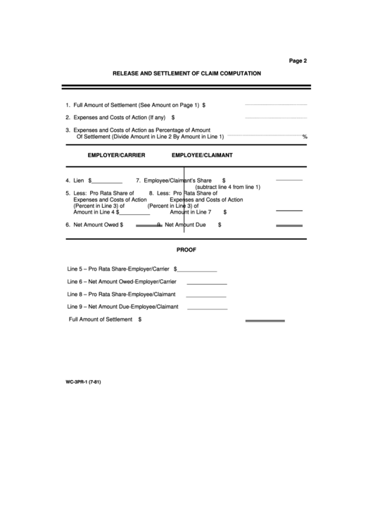 Form Wc-3pr-1 - Release And Settlement Of Claim Computation - 1981 Printable pdf