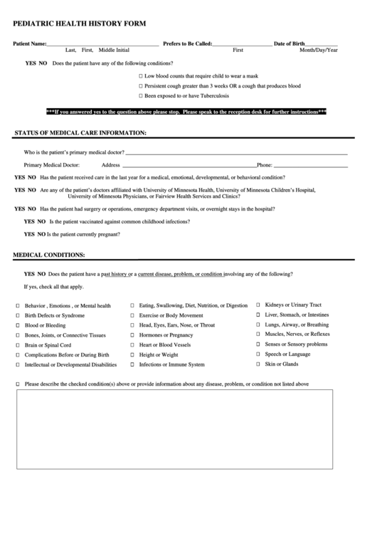 Pediatric Health History Form Printable pdf