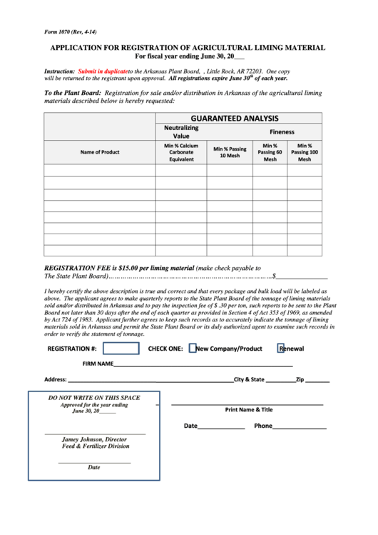 Form 1070 - Application For Registration Of Agricultural Liming Material Printable pdf