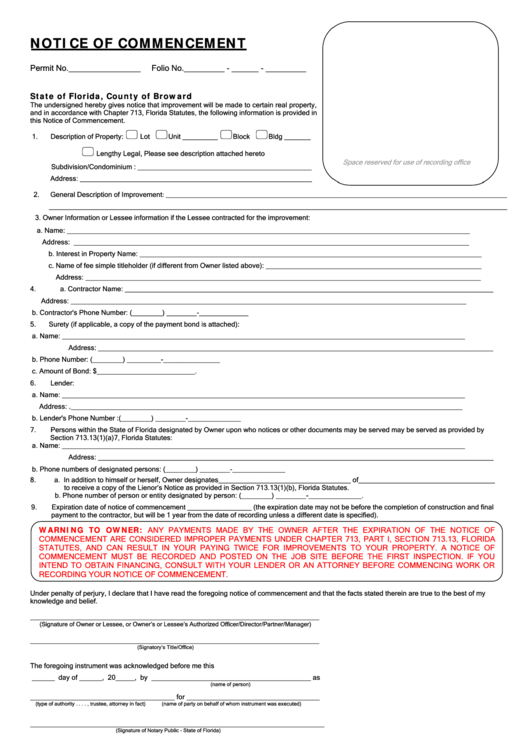 Fillable Notice Of Commencement Form - Florida, County Of Broward Printable pdf