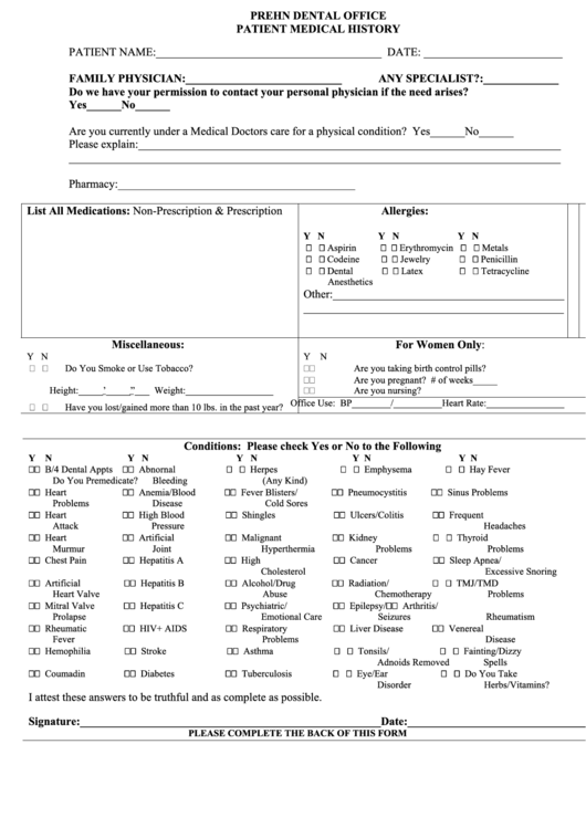 Patient Medical History Form Printable pdf