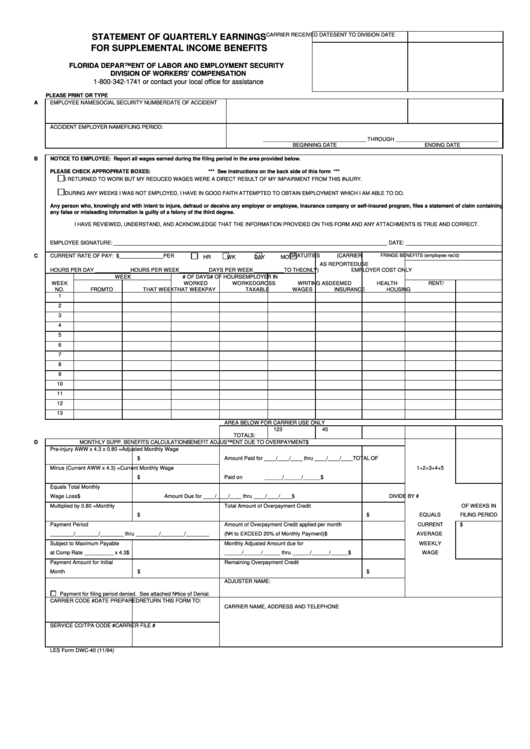 Form Dwc40 - Statement Of Quarterly Earnings For Supplemental Income Benefits 1994 Printable pdf
