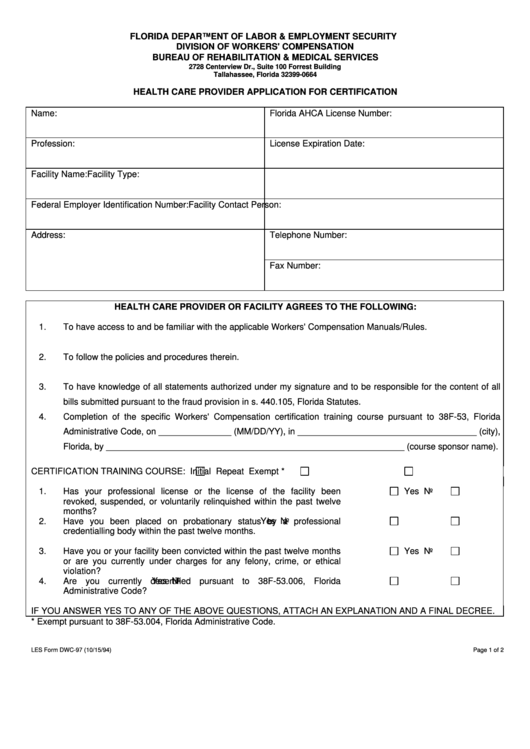 Form Dwc-97 - Health Care Provider Application For Certification 1994 Printable pdf