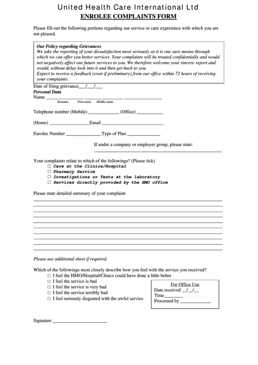 Enrollee Complaints Form Printable pdf